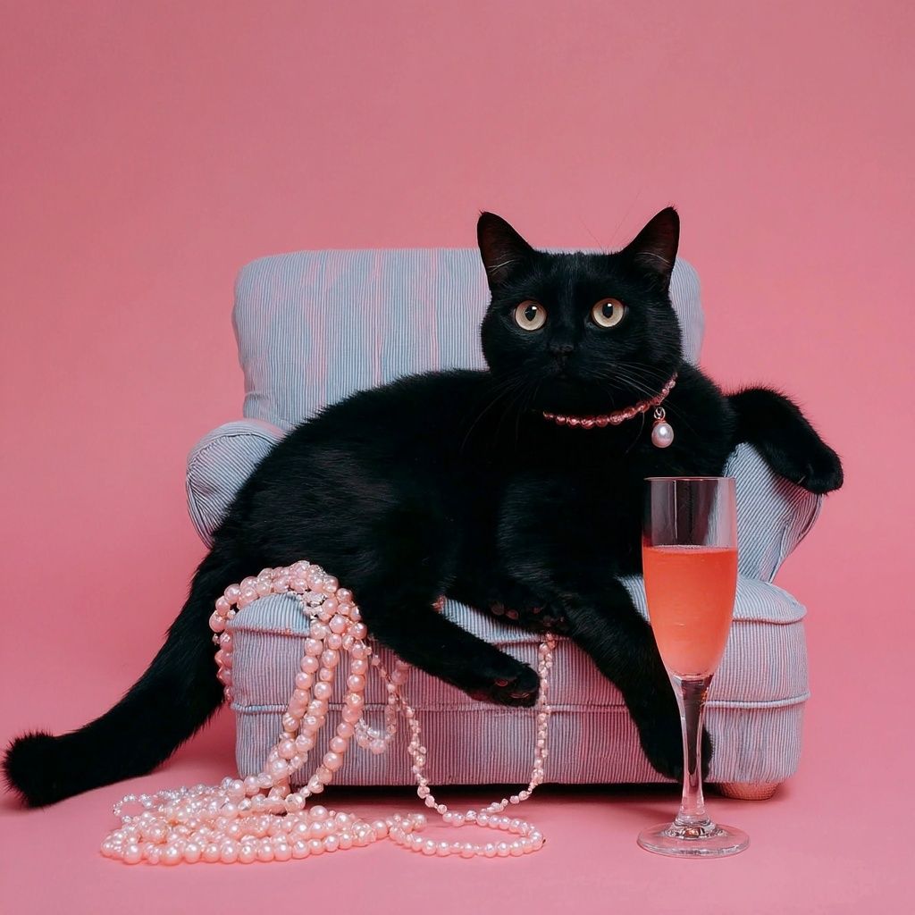 A black cat lounging on a pale blue armchair against a pink wall, beside a string of pearls