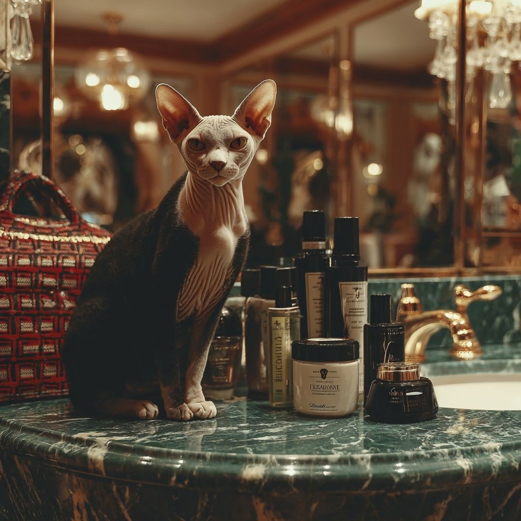 A sphynx cat sitting on a marble vanity among perfume bottles