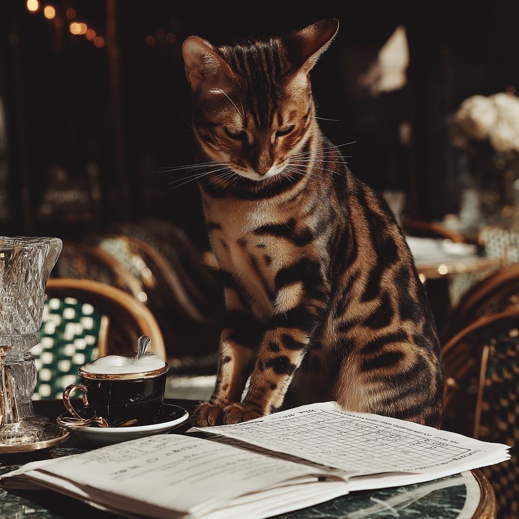 A tabby cat reading at a marble café table