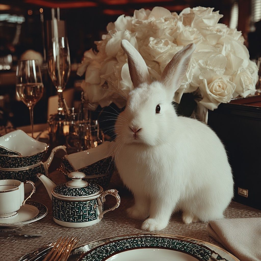 A white rabbit at a laid tea table beside a vase of white roses