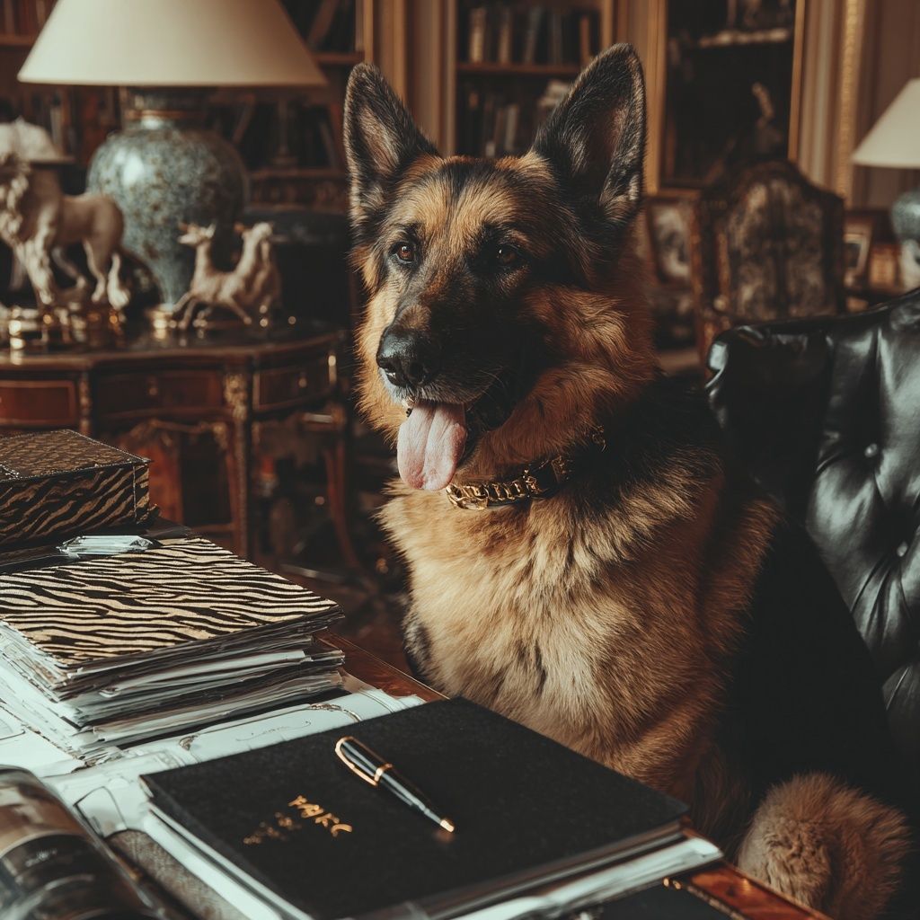 A German shepherd at a desk with a leather notebook and a pen