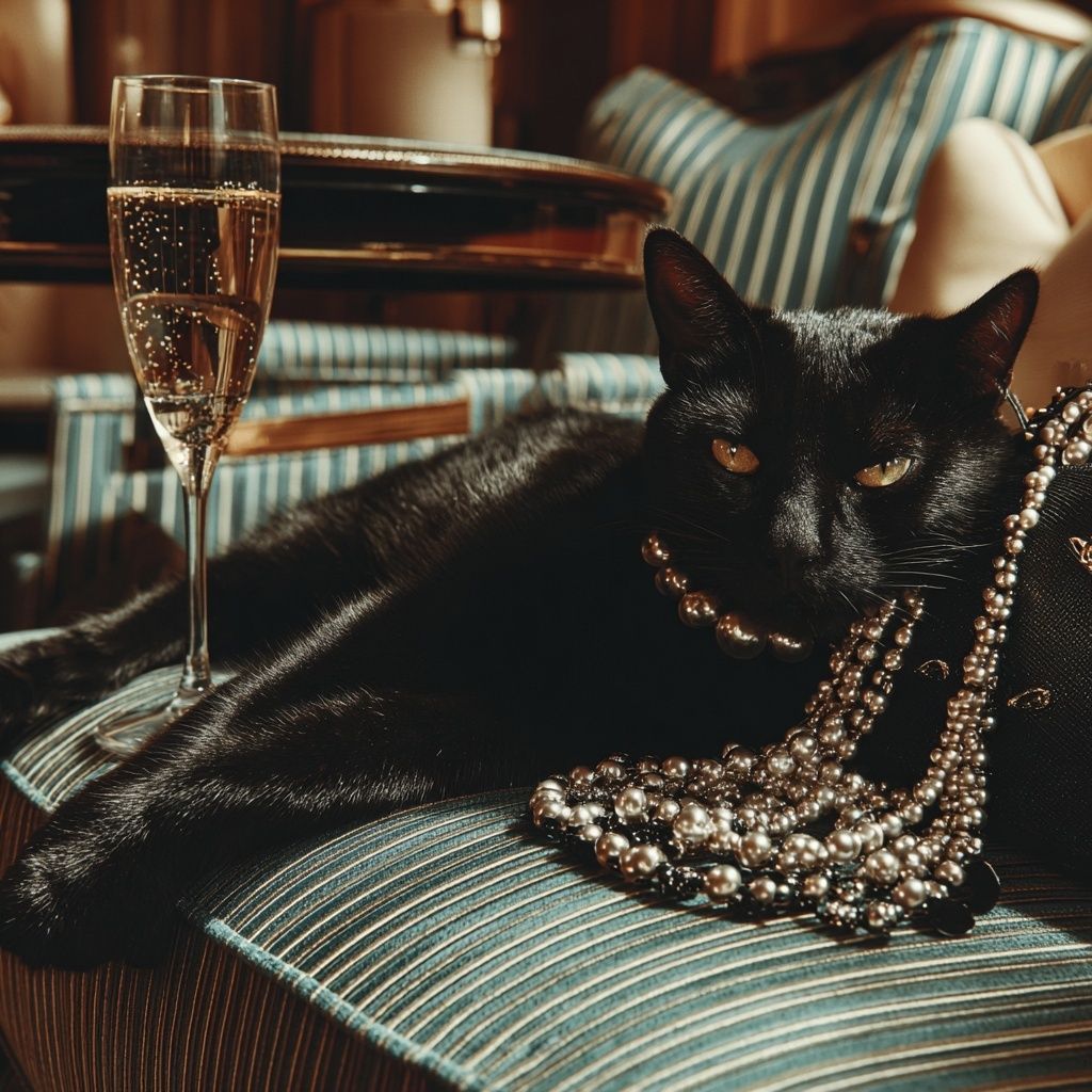 A black cat wearing pearls on a striped sofa, beside a glass of champagne