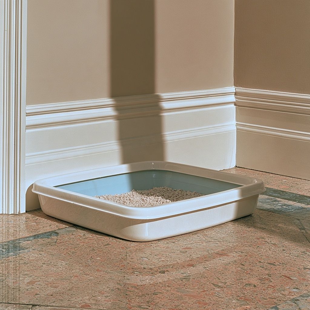 An open, low-sided litter tray with clean litter, tucked into the corner of a room on a speckled stone floor.