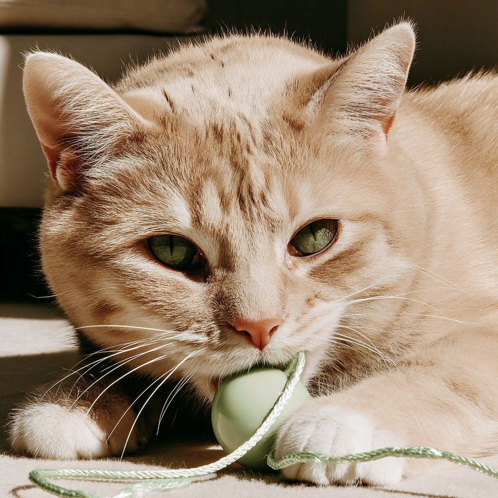 A ginger cat chewing a green toy