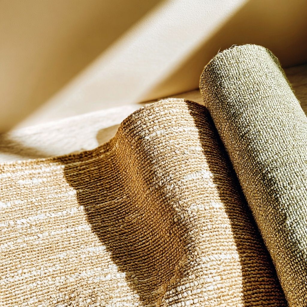 Rolls of natural woven fabric in sunlight
