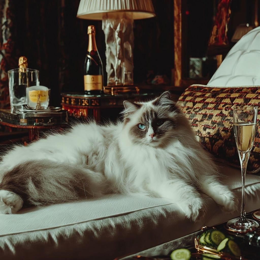 A long-haired white cat lounging on a sofa beside a glass of champagne