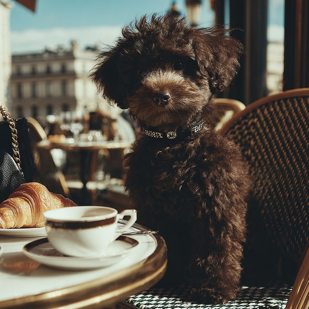 A brown poodle at a café table by a window, with a croissant and a cup of coffee