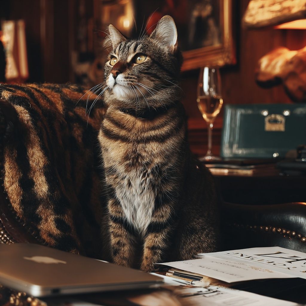 A tabby cat sitting at a desk beside a laptop and a glass of champagne