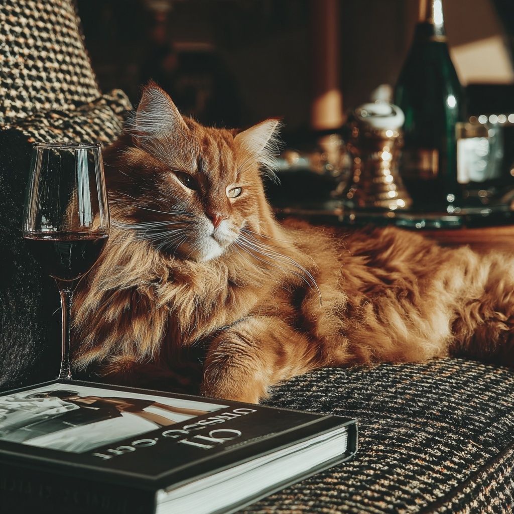 A long-haired ginger cat lying on a tweed sofa beside a glass of red wine and a book