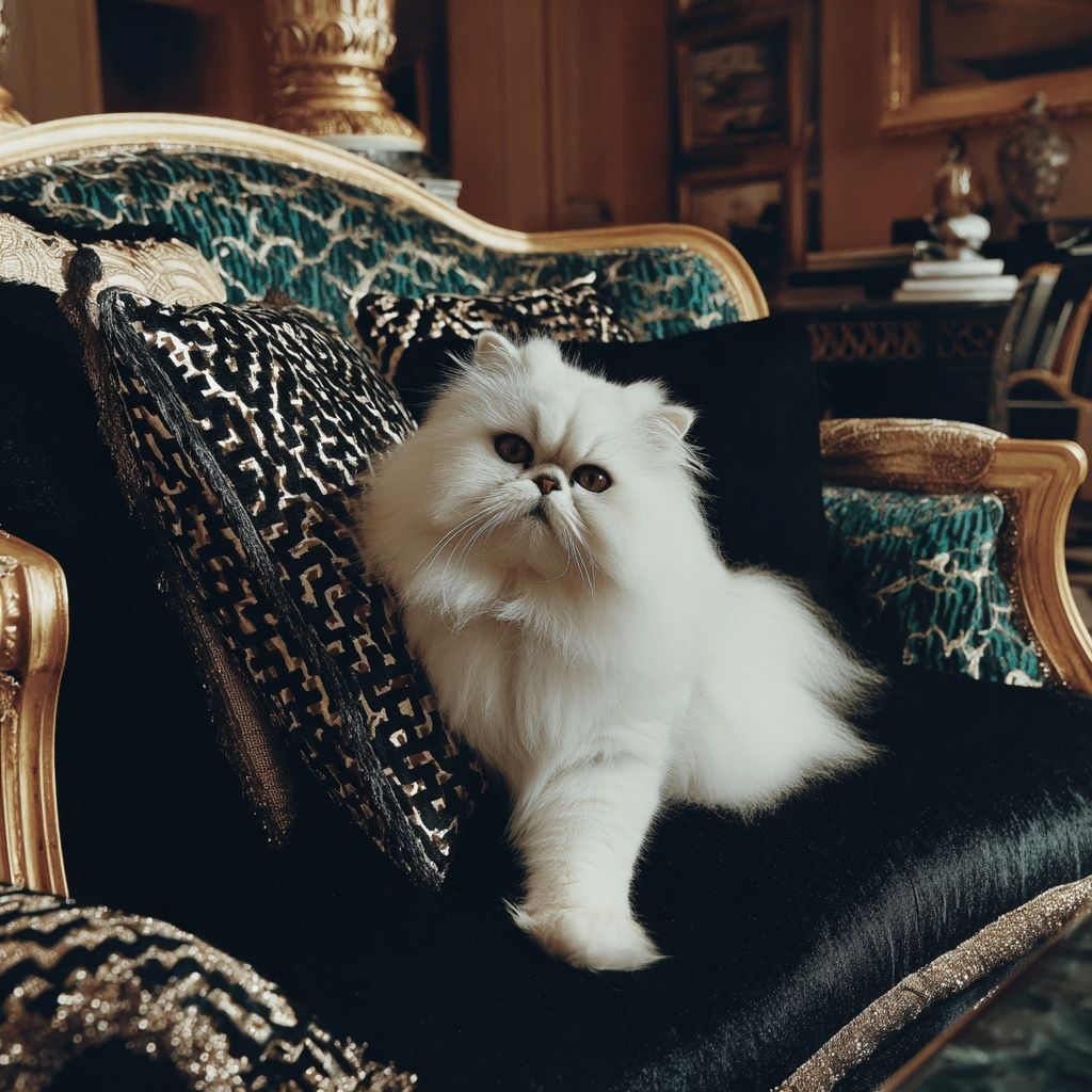 A white Persian cat sitting on a black velvet sofa among patterned cushions