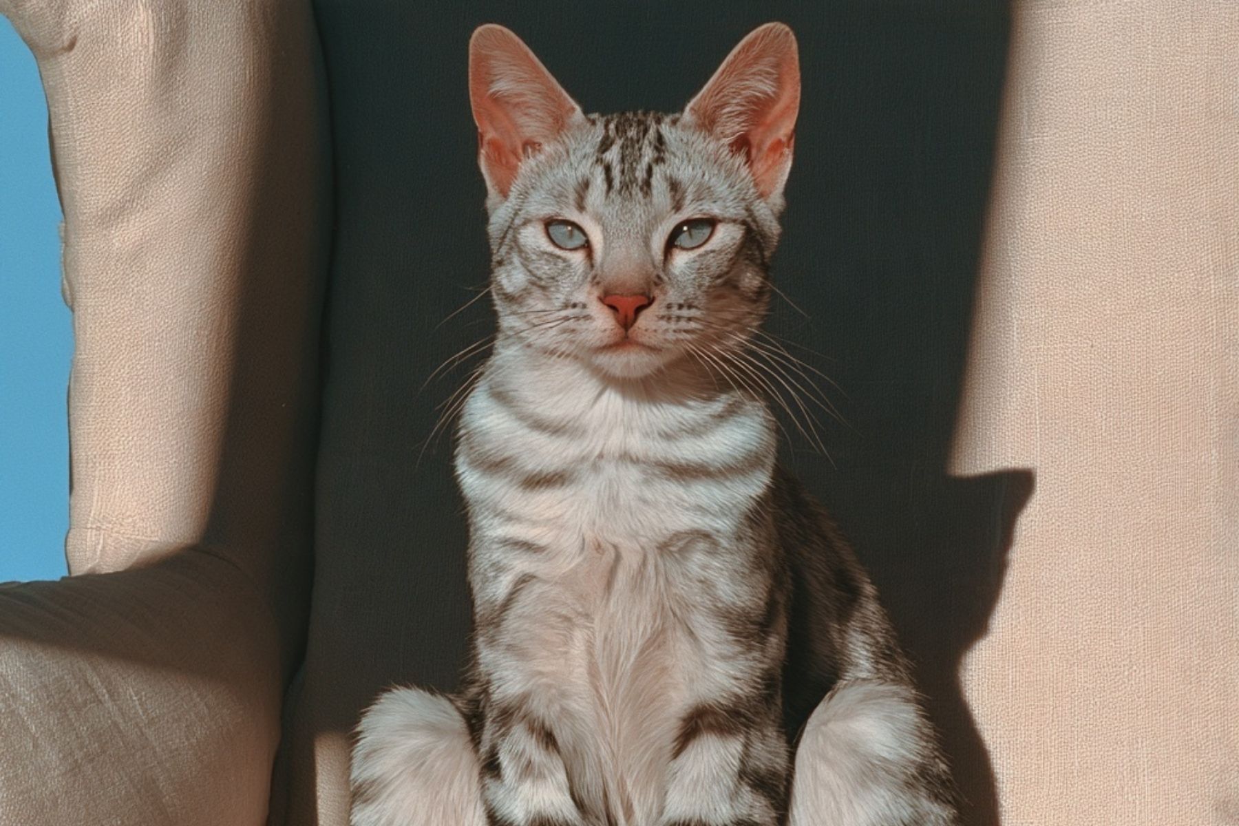 A silver tabby with pale eyes sitting upright in a linen armchair, half in sunlight, looking straight at the camera.