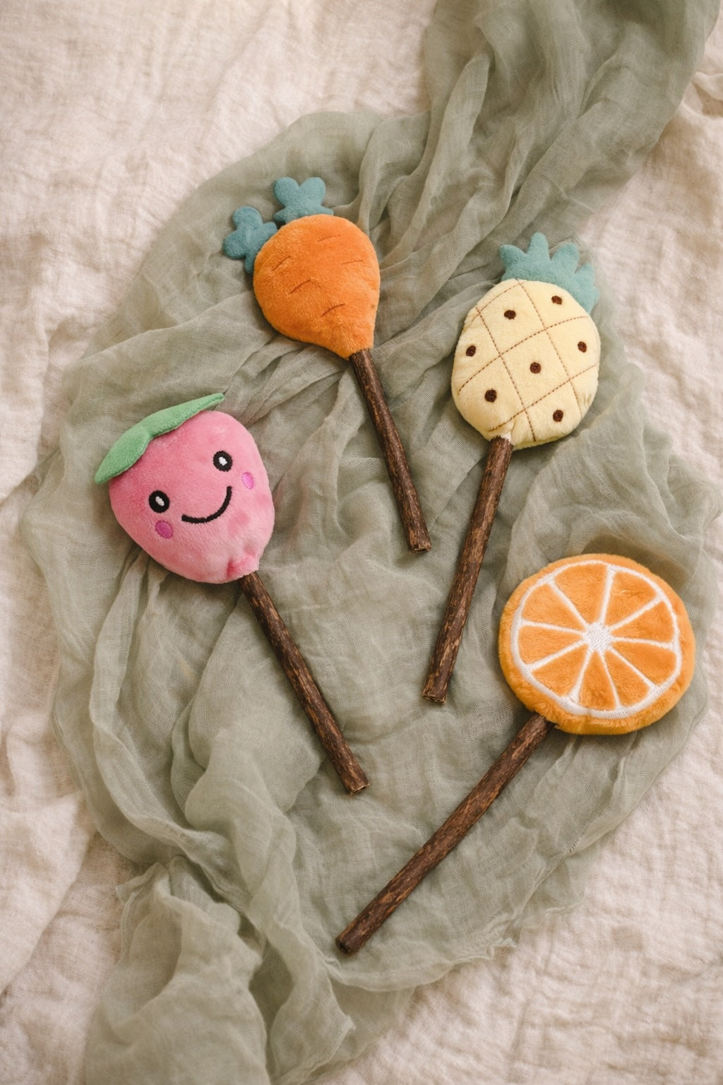 Catnip toy set with pineapple, orange, carrot and strawberry shapes