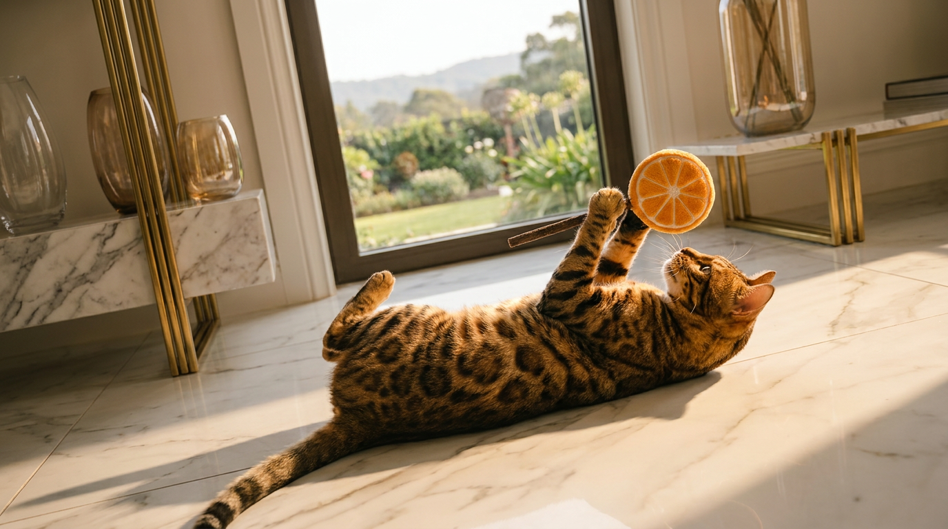 Cat playing with a toy on a sunlit floor with a garden view